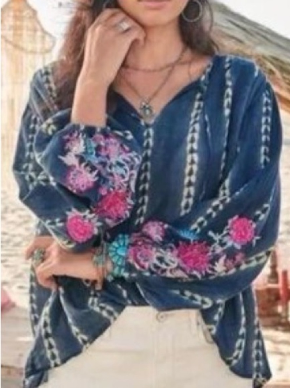 Sundance Joy in Beauty Batik Tunic Blouse Embroidered Boho Indigo Cotton